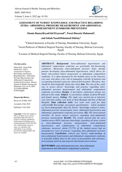 (PDF) Assessment of Nurses’ Knowledge and Practice Regarding Intra- Abdominal Pressure ...