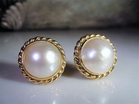 Pierced Earrings, 14K 16MM Mabe Pearl Earrings, Vintage Earrings