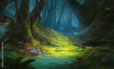 Game Art Fantasy Forest Environment. Digital CG Artwork, Concept Illustration, Realistic Cartoon ...