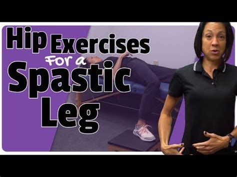 a woman standing in front of a purple background with the words hip exercises for a spastic leg