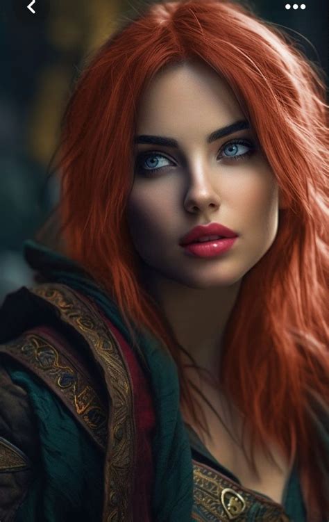 a woman with red hair and blue eyes