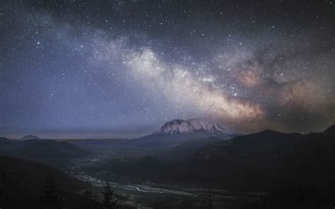 #4556337 mountains, galaxy, snowy peak, landscape, starry night, forest ...