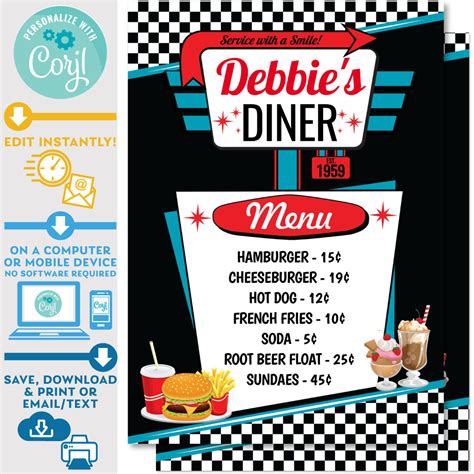 PRINTABLE 50s Diner Menu in Black, Red and Teal 5" x 7" – Invite Central