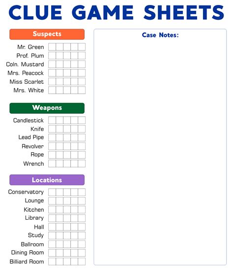 Clue Game Printable Sheets