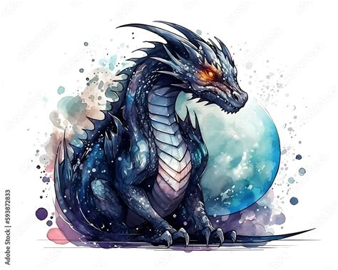 Drawn illustration of an epic blue dragon with glowing orb, dark, mythical, magic, clip art ...