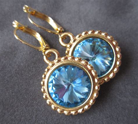 March Birthstone Earrings Swarovski Crystal Jewelry Gold