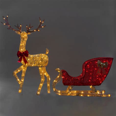 Christmas Reindeer with Red Sleigh and Lights- 205cmL, Indoor/Outdoor ...