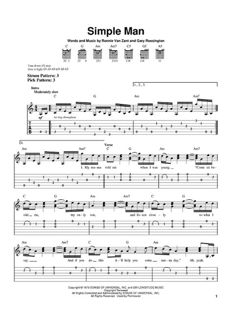 Simple Man" Sheet Music by Lynyrd Skynyrd; Shinedown for Easy Guitar Tab - Sheet Music Now