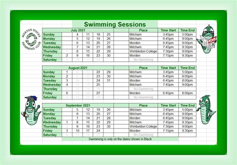 Calendar 2021 - New Swimming Schedule (for July, August & September)