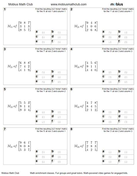 Free Worksheet: Matrices - Find Minor Matrix From Number (3X3) (level 1 ...