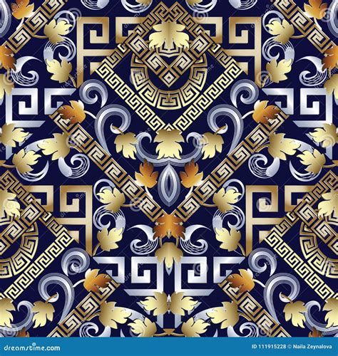 Floral Greek Key Seamless Pattern. Vector Blue Background with G Stock Vector - Illustration of ...