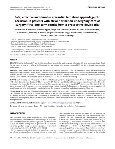 (PDF) Safe, effective and durable epicardial left atrial appendage clip occlusion in patients ...