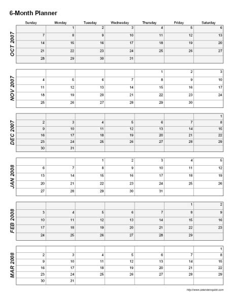 Printable 6-Month Calendar - CalendarsQuick