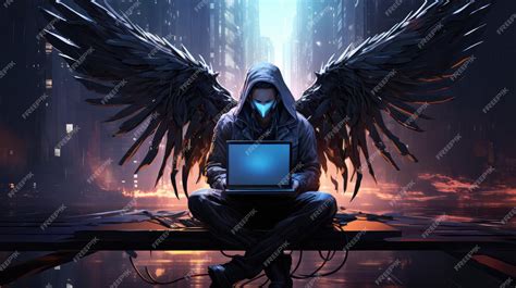 Premium AI Image | Hacker with laptop and wings sitting on the floor ...