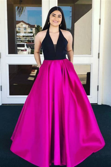 Gorgeous Halter Black and Fuchsia Long Party Dress | Party dress long, Prom dresses sleeveless ...