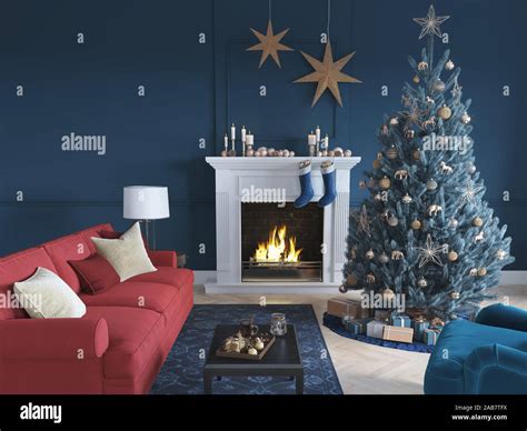 3D-Illustration. christmas scene with decorated tree and fireplace ...