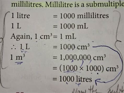 millilitres. Millilitre is a submultiple 1 litre 1 L Again, 1 cm3∴1 L1 m3..