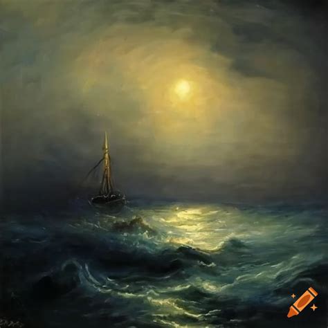 Moody impressionistic night ocean oil paintings with crashing waves on Craiyon