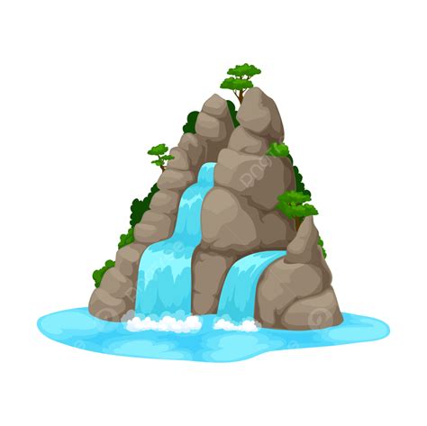 Cartoon Waterfall Or Water Cascade Falling From Mountain Rocks With Green Trees, Island, Trees ...