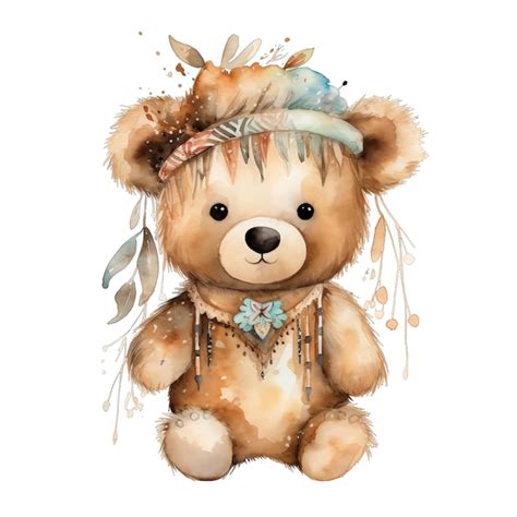 Cute watercolor Teddy Bear with flowers and boho plants illustration ...