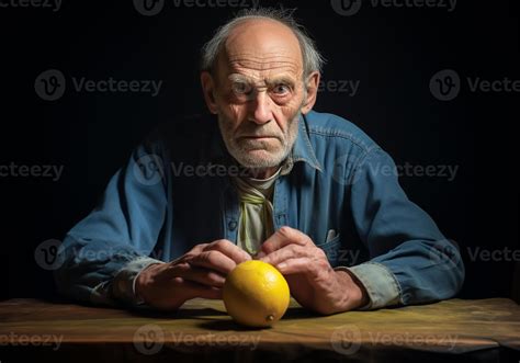 AI generated Portrait of elderly farmer man in his rustic kitchen with lemons. Food and healthy ...