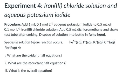 Solved Experiment 4: Iron(III) chloride solution and aqueous | Chegg.com