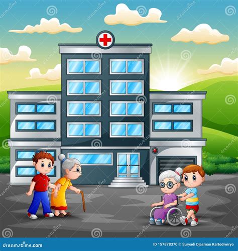 Doctors and Patients Cartoon in Front the Hospital Stock Vector ...