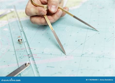 Measuring Distance On A Sea Chart Tool. Close-up. Navigation In The ...