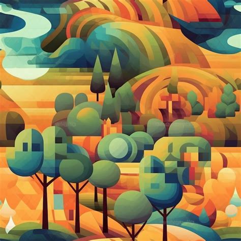 Premium AI Image | There is a painting of a landscape with trees and a mountain generative ai