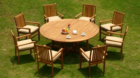 Teak Dining Set:8 Seater 9 Pc -72" Round Table And 8 Cahyo Stacking Arm Chairs Outdoor Patio ...