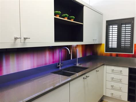 Multi-coloured printed glass splashback from Richard Osbourne's 'Kinetic Abstracts' Collection ...