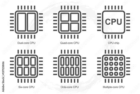 Processor Icon Set. Dual Quad Six Octa core cpu icons. Multi-core ...