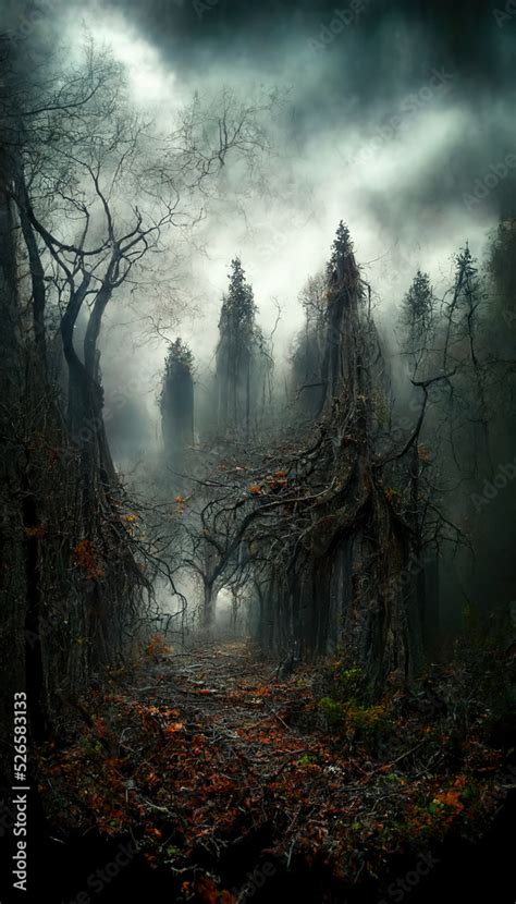 Realistic haunted forest spooky landscape at night. Fantasy Halloween ...