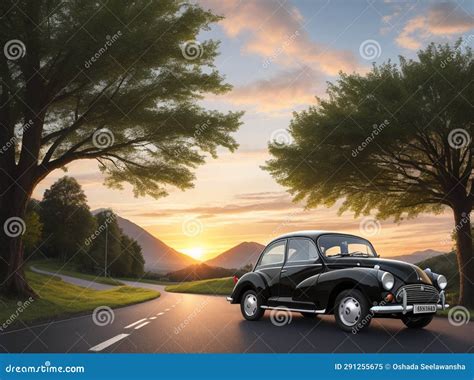 Classic Car on the Road Sunset Background Stock Illustration - Illustration of beautiful ...