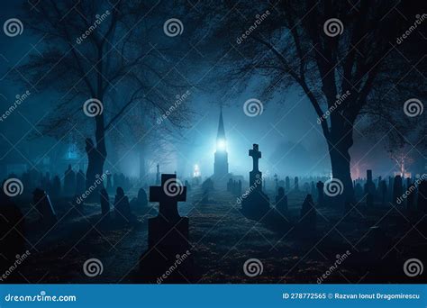 Dark Graveyard at Night, Shrouded in Thick Fog and an Eerie Horror ...