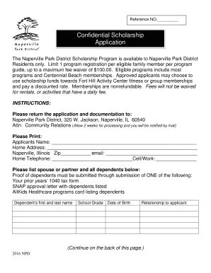 Fillable Online napervilleparks Confidential Scholarship Application - Naperville Park District ...