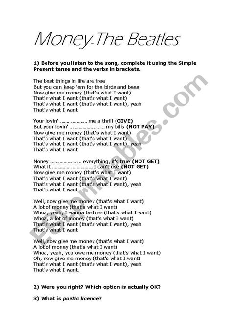 English worksheets: money-the beatles