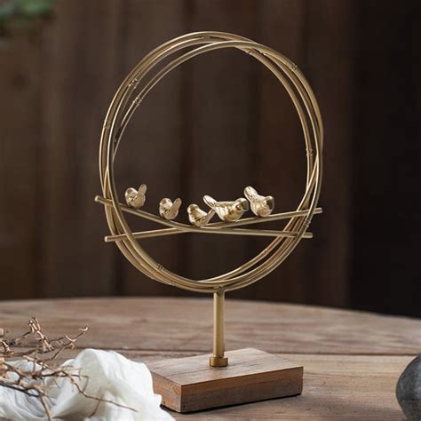 Vintage Round Gold Metal Birds Sculpture Home Statue Decor Art with ...