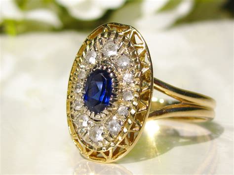 Vintage Blue Sapphire Ring Alternative Engagement Ring 18K