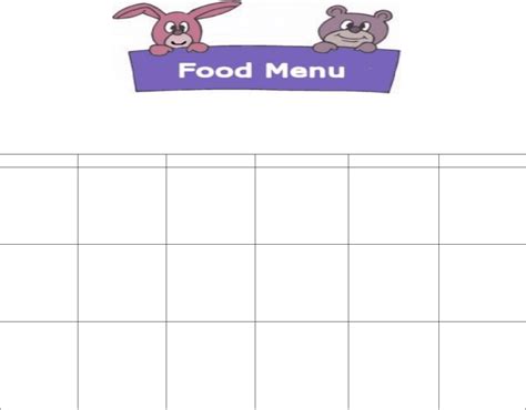 Daycare food menu template in Word and Pdf formats