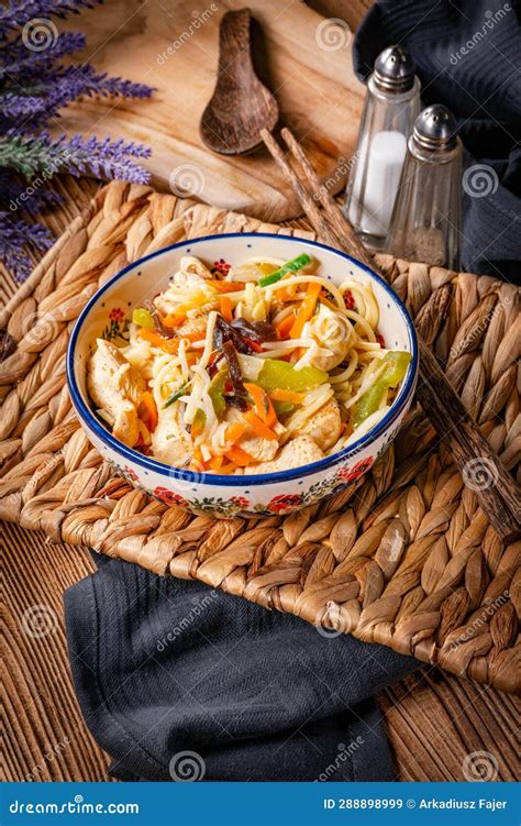 Fried Noodles with Chicken and Vegetables Stock Image - Image of meal ...