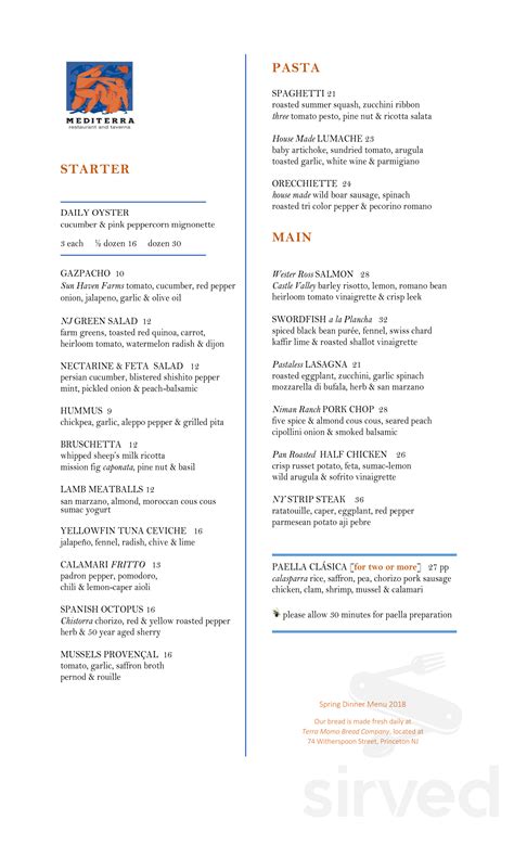 Mediterra Restaurant & Taverna menu in Princeton, New Jersey, USA