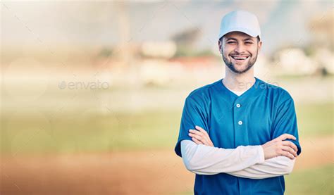 Portrait, smile and mockup with a baseball man standing arms crossed ...