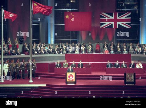 Chinese president Jiang Zemin is giving a speech during the Hong Kong ...