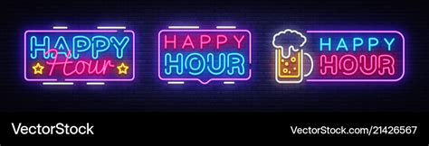 Happy hour neon banner collection design Vector Image