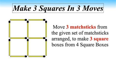 Make 3 Squares In 3 Moves || Matchstick Puzzles - YouTube