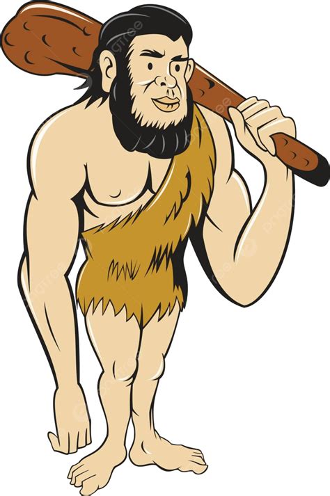 Caveman Neanderthal Man Holding Club Cartoon Human Standing White Background Vector, Human ...