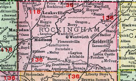 Rockingham County, North Carolina, 1911, Map, Rand McNally, Reidsville, Madison, Mayodan ...