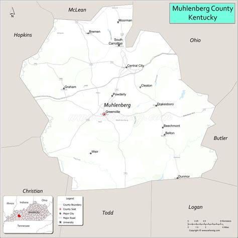 Map of Muhlenberg County, Kentucky showing cities, highways & important ...