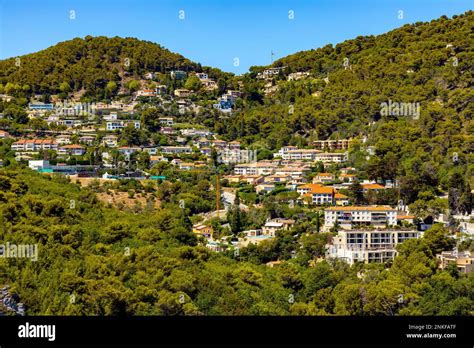 Eze, France - August 1, 2022: Panoramic view of Eze town valley among ...